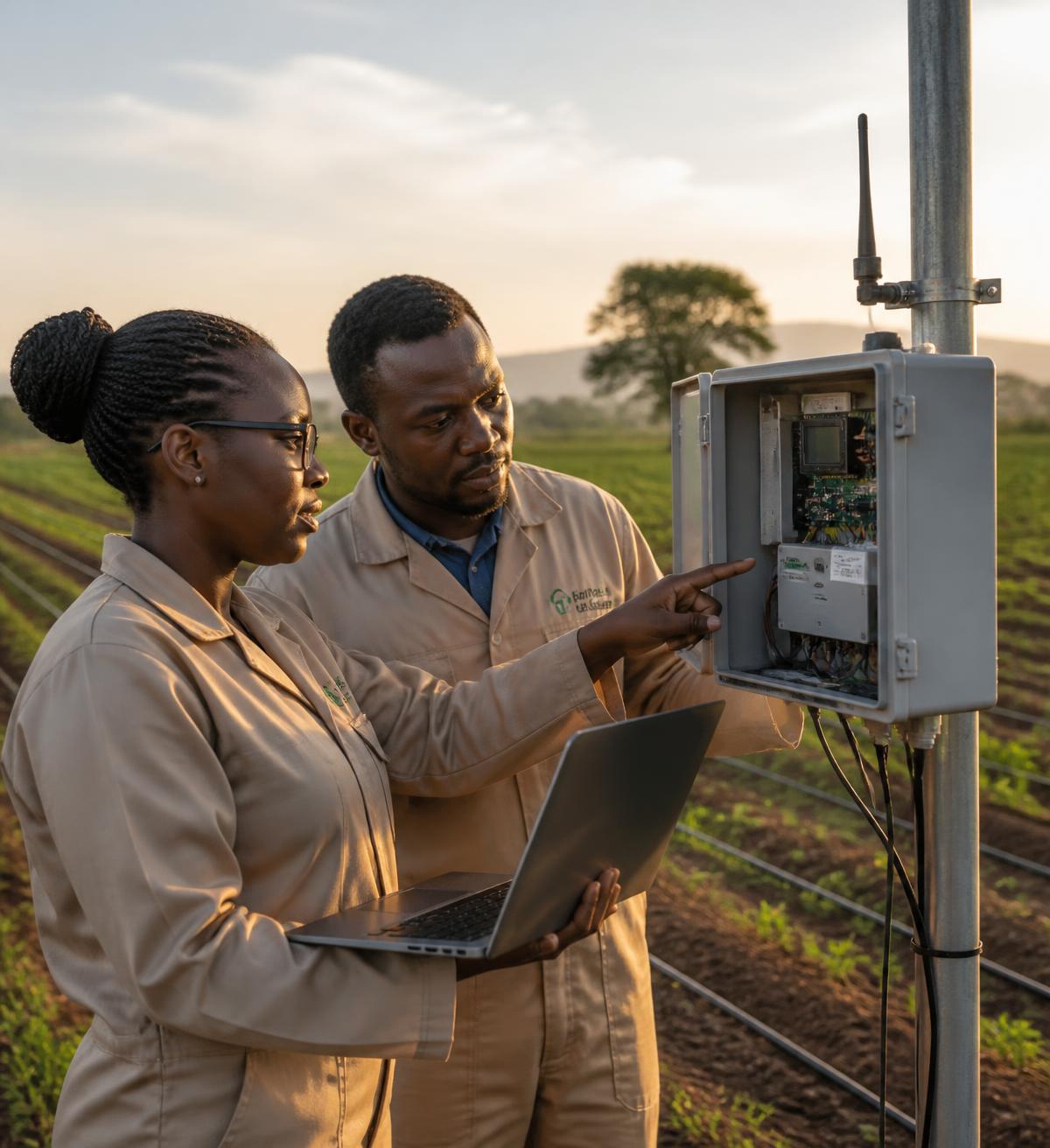 Two agricultural engineers servicing an IoT gateway enclosure at the edge of a field