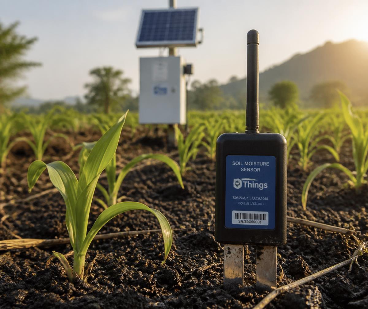 Soil moisture IoT sensor installed in a maize field with a solar-powered gateway