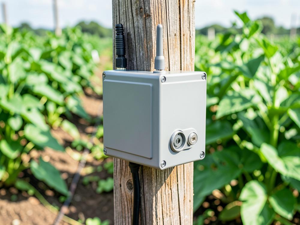 IoT telemetry enclosure mounted on a post beside crop rows